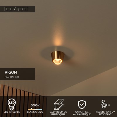 Lucide RIGON - Plafonnier - Ø 9 cm - LED - 1x7W 3000K - Or Mat / Laiton